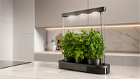 Upgreens Kitchenforest aus schwarzem Kunststoff mit moderner LED-Lampe und drei Töpfen mit Kräutern