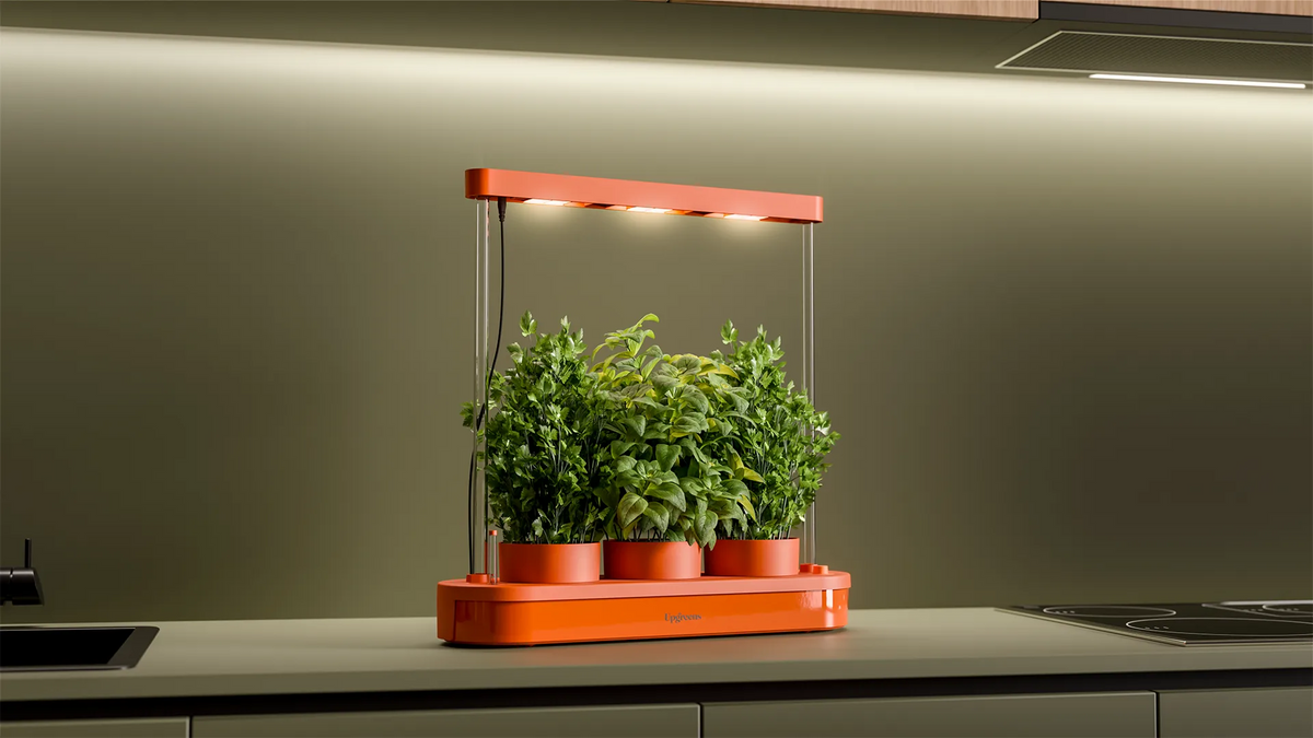 Upgreens Kitchenforest aus orangefarbenem Kunststoff mit moderner LED-Lampe und drei Töpfen mit Kräutern