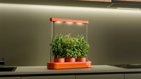 Upgreens Kitchenforest aus orangefarbenem Kunststoff mit moderner LED-Lampe und drei Töpfen mit Kräutern
